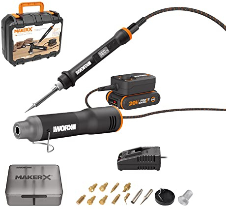 WORX MakerX 20V Cordless 2-Tool Kit WX989 Heat Gun & Crafter | Mini Heat Gun & Wood/Metal Crafter Kit, Includes MakerX Hub, PowerShare, 2.0Ah Battery with Indicator & Charger