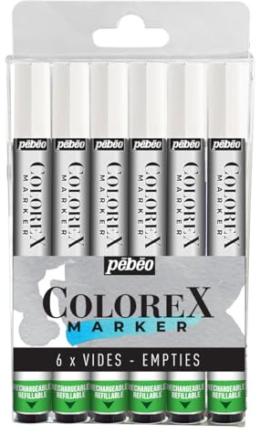 PEBEO - Rotulador Vacío Recargable Colorex - Compatible 56 Colores Multiusos Punta Pincel - Multiherramienta Tinta de Dibujo Todos los Medios - Set de 6 Rotuladores Vacíos