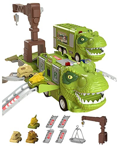 ISAKEN Verformung Dinosaurier Triebwagen, Dino Transport Transforming Dinosaurier Auto Spielzeug Dinosaurier Spielzeug Autorennbahn Truck Spielzeug Geschenk Für Kinder ab 3 4 5 6 7Jahre Junge