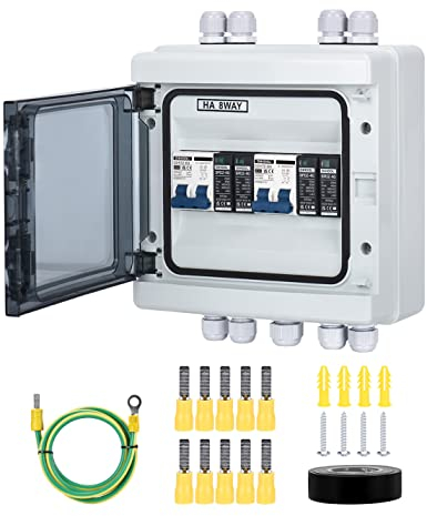 Überspannungsschutz PV DC Trennschalter Blitzschutz Leitungsschutzschalter 2 string (2 in 2 out)500VDC 20-40KA Solar Spannungsschutz für Photovoltaik IP65 Wasserdichtes