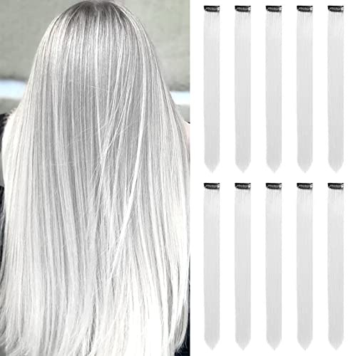 Weiße Haarverlängerungen Clip In für Mädchen 22 Zoll bunte gerade Haarverlängerungen für Party Highlights gefärbtes Haar Zubehör Haarteile für Kinder Frauen（10 PCS Weiße）