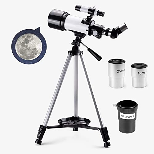 Professionelles Teleskop für Erwachsene, 70 mm Öffnung, 400 mm Brennweite, astronomisches tragbares Refraktor-Teleskop für Kinder und Anfänger, mit verstellbarem Stativ, 2 Okularen, 3 x Barlow-Linse
