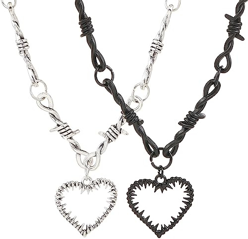 Weenkeey 2 Stück Gothic Herz Halskette Stacheldraht Herz Anhänger Halskette Punk Rock Hip Hop Anhänger Halskette für Männer Damen - Schwarz Silber