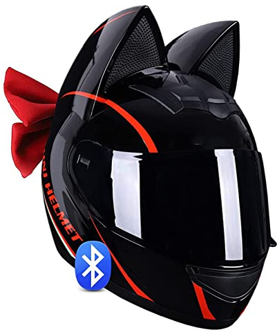 Girl Women'S Full Face Motorcycle Helmets,Cat Ear Bluetooth Helmet With Bow Tie Cool Full Face Motorbike Helmet With Sun Visor For Motocross Cruisers Racing ECE Certified 7,M:54-56CM