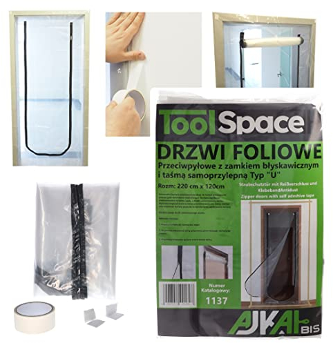 ToolSpace | Porte de Protection Anti-Poussière avec Fermeture Éclair | 220 x 120 cm | TYPE U | Facile Montage | Réutilisable, Durable | Zippée | Bache de Protection Transparente Rénovation