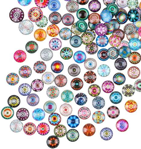 JOFONY 100 Stück Glücksstein Bunte Glassteine,12mm Gemischte Farbe Muggelsteine,Runde Europäisches Retromuster Glascabochons für DIY Handwerkliche Schmuckherstellung Heimdekoration