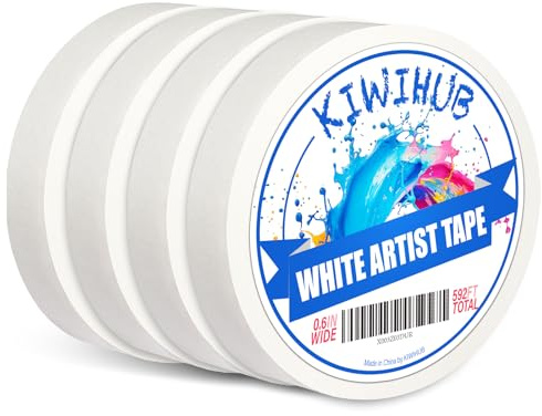 KIWIHUB 4 Packs of Watercolor Paper Art Tape - White Adhesive Tape for Artists for Sketch, Art Painting and All Paper Media - Acid Free 0.6 Wide 592 Feet