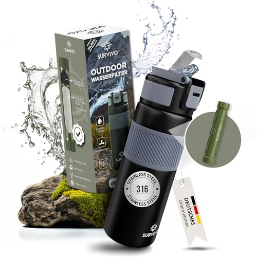 SURVIVO® Wasserfilter Outdoor Flasche [660ml] Trinkflasche aus Edelstahl mit entnehmbarem Filter, 4000l Filterkapazität, Camping, Wandern, Survival, Reisen – sicherste Ergänzung zur Outdoor Ausrüstung