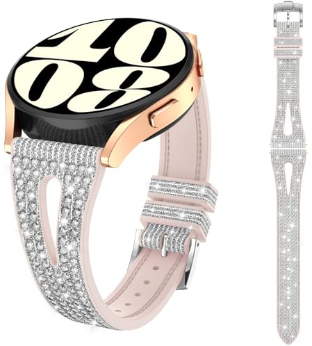Kamita Diamant klockarmband för Samsung Galaxy Watch FE(2024)/6/6 Classic, 20 mm mjukt glitter silikon ersättningsarmband för Galaxy Watch 5/5 Pro, justerbara glittrande band för kvinnor (silver)