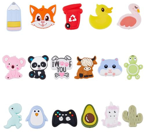 HOBBIESAY 17 Styles de Perles en Vrac en Forme de Pingouin Canard Dinosaure Cactus Avocat Perles D'Espacement Thème Animal Plante Perles Artisanales en Silicone Percées au Centre Perles