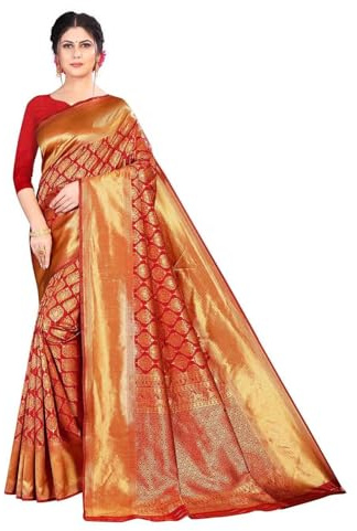 Yashika Dam trendig Banarasi Kanjivaram marinblå färg konst silke sari med blusmaterial, Guld rödbrun, One Size