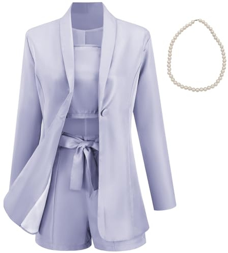 aromm Damen 3 teiliges Büro Arbeitsanzug Langarm Blazer + Gebundene Shorts + Camisole Elegant Sommerkleidung Set Grau, XXL