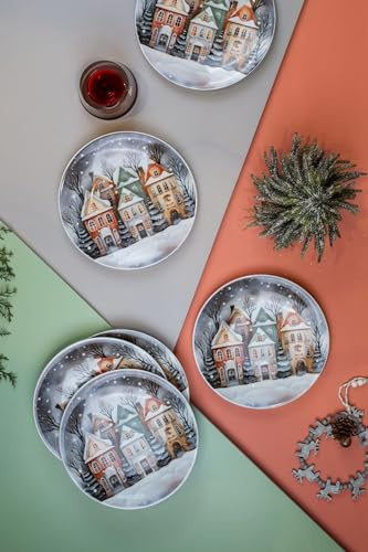 Kutahya Porzellan Magicland Kuchenteller Set 6-teilig – Dessertteller 21 cm mit Weihnachtsmotiv – Winter Geschirr, Spülmaschinengeeignet