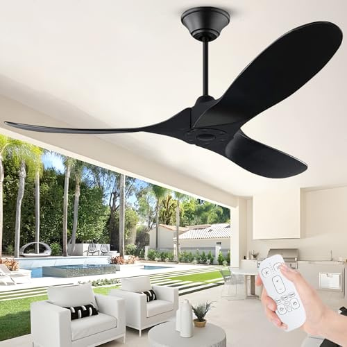 OUENGK 178 cm großer Deckenventilator mit Fernbedienung, schwarzer moderner Holz-Deckenventilator ohne Licht, großer Luftstrom-Propeller-Deckenvntilator für Haus, Terrasse, Veranda, Büro