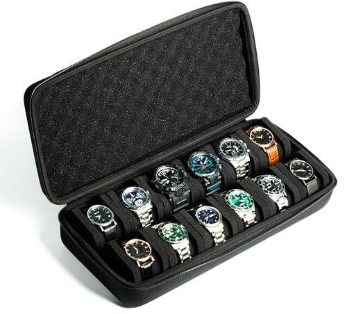 AUKURA Uhrenetui mit 12 Fächern, Hartschalen-Reiseetui, Aufbewahrungsbox, gepolsterte Hülle für Uhren-Display und Organisation