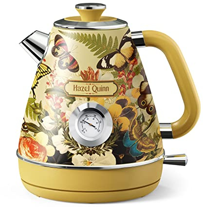 Hazel Quinn Hervidor Eléctrico con Termómetro, 1.7 L Sin Cable de Acero Inoxidable, Libre de BPA, Base 360°, Apagado Automático y Protección contra Hervido Seco, Diseño Retro