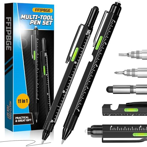 Valentine's Day Gifts for Him, 2 Pack Multi-Tool Pen Set, 11 in 1 Multitool Pen with LED Light, Ruler, Level, Screwdriver, Stylus, Flathead, Gadget Gift for Boyfriend, Husband, Him, Black