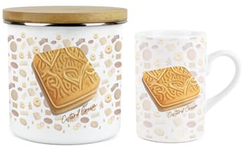 Purely Home Custard Cream Mug & Canister Gift Set - Novelty Gifts for Foodies - Ceramic Mug & Enamel Biscuit Tin/Cookie Jar Present