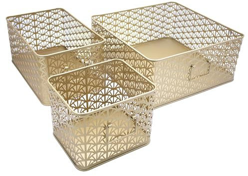 Box and beyond - Lot de 3 Paniers de Rangement - 32 x 32 x 14 cm - Métal Doré - Motif Cannage - Rangement, Déco - Cuisine, Séjour, Salle de bain, Salon, Chambre - Style Moderne et Chic