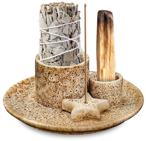Porte-encens 4 en 1 pour chaque encens, support Palo Santo, porte-encens en céramique, porte-encens, sauge blanche pour fumer (le four devient crème)