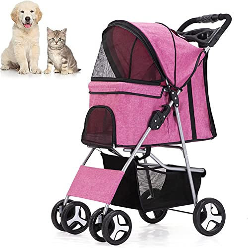 Windmilne Poussette pour Animaux de Compagnie, Poussette à 4 Roues pour Chat et Chien avec Panier de Rangement, Chariot de Transport Pliable et léger pour Chien (Rose)