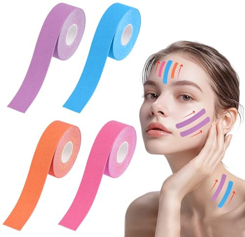 4 Piezas 2.5 cm x 5 m Face Lift Tape Cinta Facial Antiarrugas, Face Taping Cintas Kinesiologicas Kinesiotape Faciales Cure de Arrugas para Reafirmar Piel y Restaurar Elasticidad