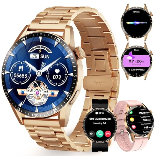 Homailida Smartwatch Herren Damen, Business- und Sportliche Smart Watch Herren Damen- Vollfunktions-Communication, 123 Sportarten, Gesundheitsüberwachung, Kompatibel mit Android 5.0 und iOS 9.0+, Gold