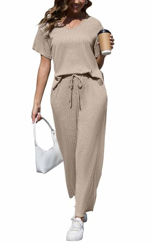 CheChury Tuta Donna in Maglia Maniche Corta Completo Sportiva con Pantaloni Estiva Maglioni Comode Scollo V e Pantalone con Tasche Set Pigiama Abbigliamento Corta Set Pigiama Abbigliamento