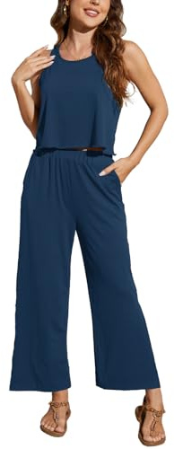JFAN Completo Sportiva Donna Casual Estivo 2 pezzi Elegante Tuta Donna Sportiva Canotta Senza Maniche a girocollo Pantaloni a Vita Alta Gamba Larga Tuta,Blu marino,XL