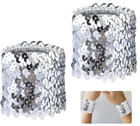 2PCS Sequin Wrist Cuffs,Sparkly Silver Glitter Wristbands for Women,Stretchy Elastic Shiny Dress Accessories,Perfect for Stage Performances,Rave Dance,Cosplay&Costume Parties Girl For Costumes ﻿