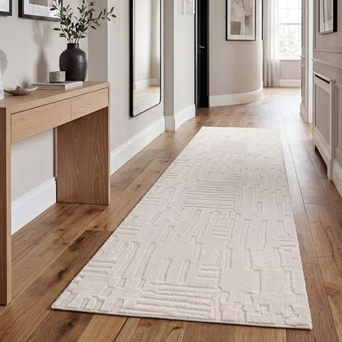 Paco Home Teppich Wohnzimmer Schlafzimmer Hochflor Skandinavisch Boho Optik Geometrisch Abstrakt Einfarbig Flauschig 3D Waschbar Creme, Grösse:80x150 cm