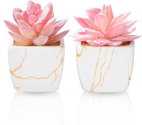 ZENIDA 2 Pack Artificial Plants, Ceramic Pot Artificial Plants, Succulents, Fake Indoor Plants, Bedroom Decoration, Decorative Plants for Bedrooms, Living Rooms, Room Decoration, White Pots, Pink