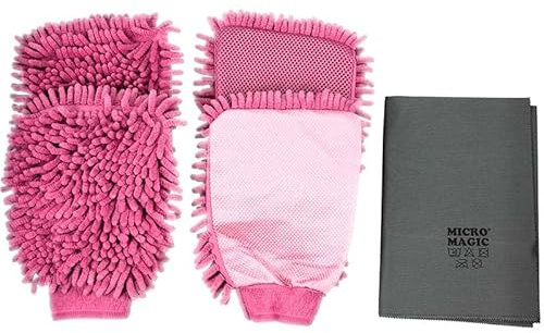 Pastaclean 4X Waschhandschuh + 1X Poliertuch (Pink) für Haushalt, Auto und Fahrrad - Chenille Handschuh