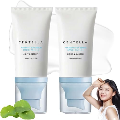 2PCS Madagascar Centella Sunscreen SPF 50 PA++++, Centella Serum Suncream, Centella Moisturiser for Face, Broad Spectrum UV Protection, Smoothing Water-Fit Sun Lotion, Vegan Korean Sunscreen, 50ml × 2