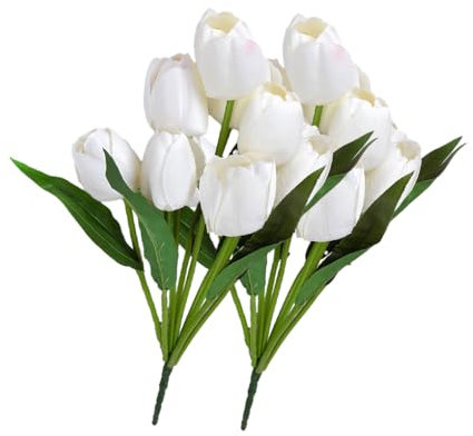 Zymoplas 2 pièces 9 têtes Bouquet Fleurs artificielles Fausses Tulipes en Soie Mini Simulation mariée Main Fausse Fleur pour la Maison Jardin décor, Blanc/Grande Tête