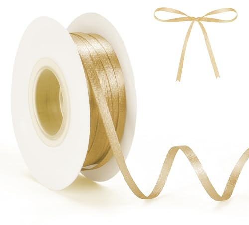 Satinband 3mm 50 m Champagnergold Band Hellgold Satinband zum Einpacken von Geschenken Ballon Schnur Geschenkband Pastellgold Neujahr Partydeko Basteln Hochzeitsdeko Geschenkverpackung Sanftgold