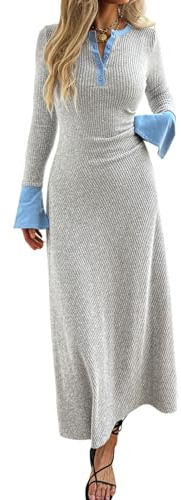 Evzeiem Womens Sweater Dress V Neck Ribbed Maxi Dress Long Bell Sleeves Button Down Slim Fit Bodycon Casual Knit Dress, Light Grey S