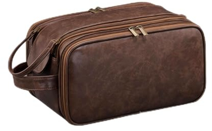 Vbvbip Grande trousse de toilette de voyage d'affaires pour homme, approuvée par la TSA, étanche, trousse de douche en cuir avec compartiments séparés pour articles de toilette, marron