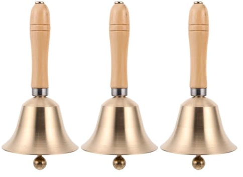 FRCOLOR 3pcs Hand Bell Set: Solid Brass Dinner Bell with Wooden Handle - Loud Handheld for Service, Christmas, Weddings, Classrooms, Pet Training, And Holiday Decorations
