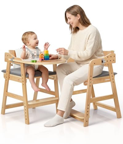 ONTHEWEI Wooden Baby High Chair for Babies, Toddler & Adult Up to 330Lbs, Anti-Tip Adjustable High Chair with Detachable Tray, Baby Sets, Soft Cushion, Ergonomic & Easy Clean