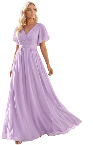 Ever-Pretty Women's V-Neck Ruffle Sleeves Ruched Bust Chiffon Floor Length Bridesmaid Dresses 0164A