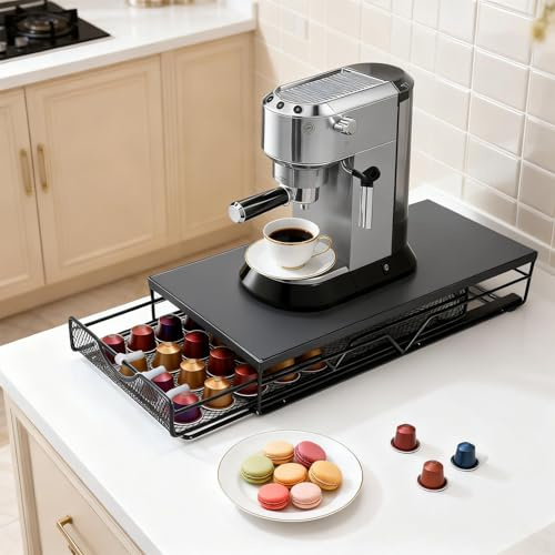 Nespresso Pod Holder & Coffee Machine Stand, Kitchen Accessories Gift | Coffee Capsule Organiser for Vertuo, Tassimo, Dolce Gusto, Metal Countertop Storage Drawer with Anti-Slip Base, Holds 45+Pods