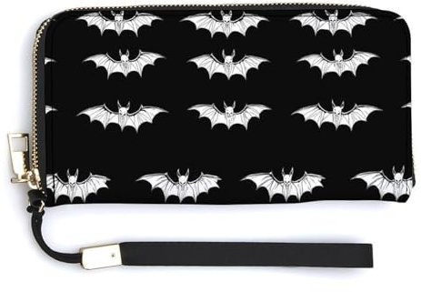 Portefeuille en cuir pour femme avec dragonne – Petit sac à main avec fermeture éclair et imprimé chauve-souris cool blanc