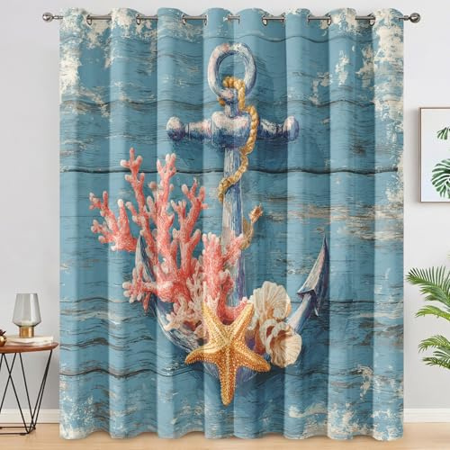 Genérico Cortinas Salon Ancla Náutica, Cortinas Dormitorio Azul Veta de Madera Costero Decoracion Habitacion Ventana, Termicas Aislantes, con Anillas, 140x200 2 Piezas (An X Al) L-C&57