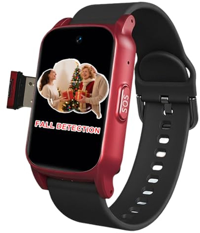 VCYEX Bracelet Alarme Personne Agee Dispositifs D'alerte De Chute pour Personnes Âgées Montre Connectée Senior Personne Âgée Bouton SOS + Appel Vidéo HD pour AlzheimerRed,1.25 * 0.57 * 2.22inch