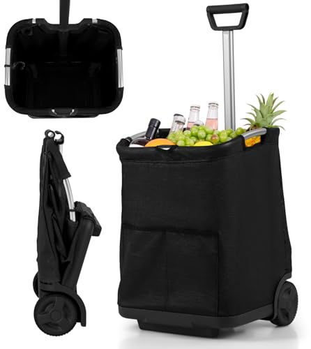 COSTWAY Carrello Spesa Pieghevole in Alluminio, Trolley Spesa con Ruote, Tasche Multiple e Manico Telescopico Regolabile, Capacità 50L, Caricabile fino a 35 kg (Nero)