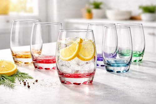 Genérico Vasos de Agua con Base de Color, 290ml, Cristal Transparente, Pack de 6 Unidades