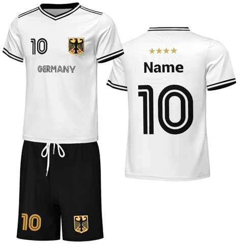 Personalisiertes Deutschland Fußballtrikot Set T Shirt + Shorts Für Jugendliche & Erwachsene,Individuelles Namen & Nummer, 2026 Herren Damen Fussball Fans Training Sport Trikot Weiß M