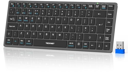 TECKNET Wireless Keyboard, 2.4G Bluetooth Keyboard for 4 Multi Devices | Rechargeable QWERTY UK Layout Compact Mini keypad, Small Silent Keys for Laptop/Phone/Smart TV/Computer/Tablet, Grey Black
