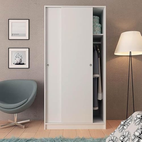 Meyvaser.com Ecommerce Company Armadio a 2 ante scorrevoli bianco tinta unita 180 x 89,6 x 50 cm Barra da appendere + ripiano superiore ideale camera da letto e cabina armadio, prodotto in Spagna